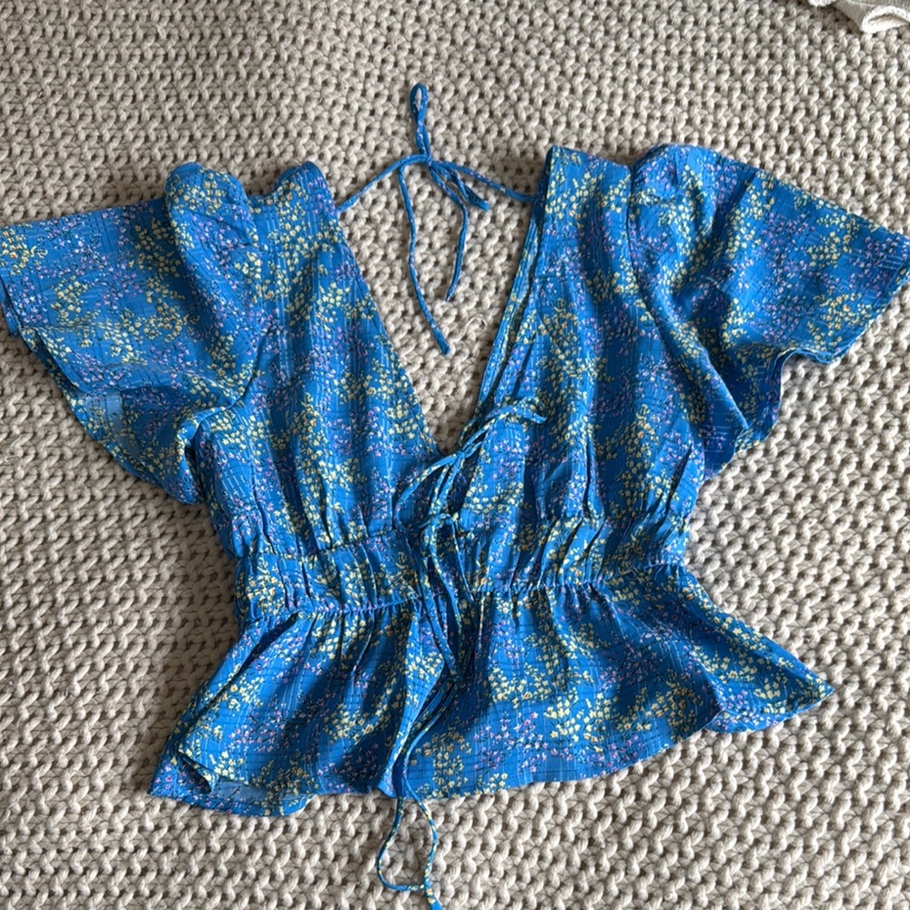 Lush Blue Plunge V-Neck Flutter Sleeve Blouse with Tie Front